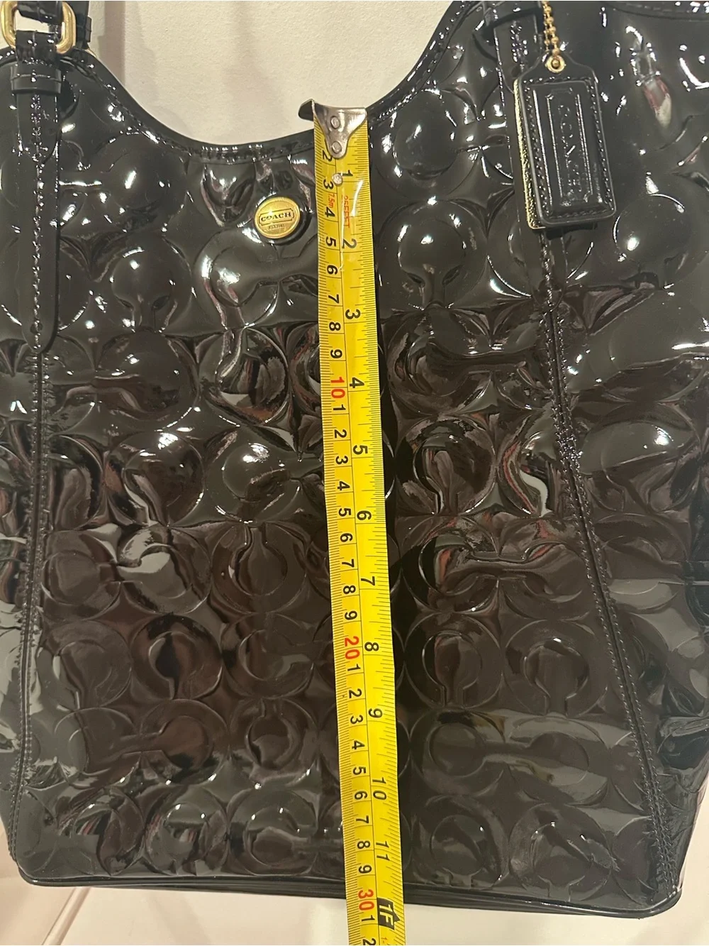 Coach Black Patent Leather Hobo Tote with Signature Embossing